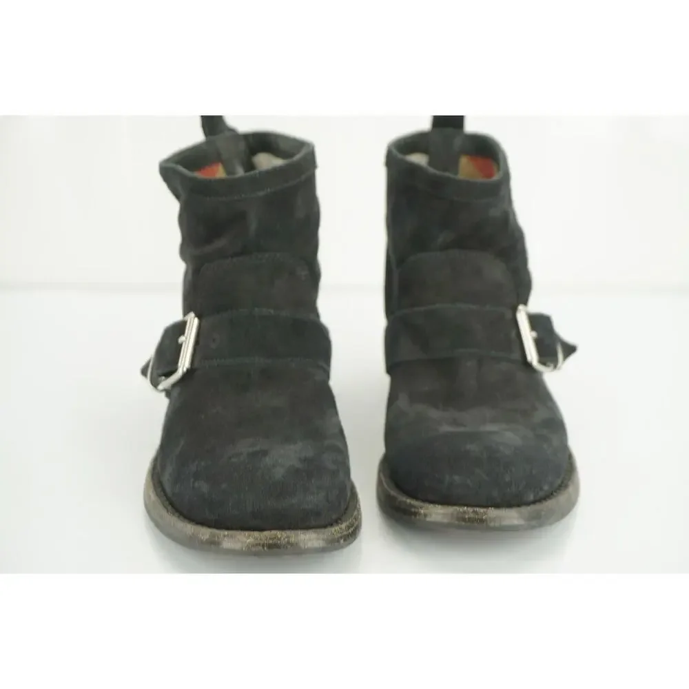 Burberry Black Suede Motor Biker Short Ankle Boots Size 35 House Check